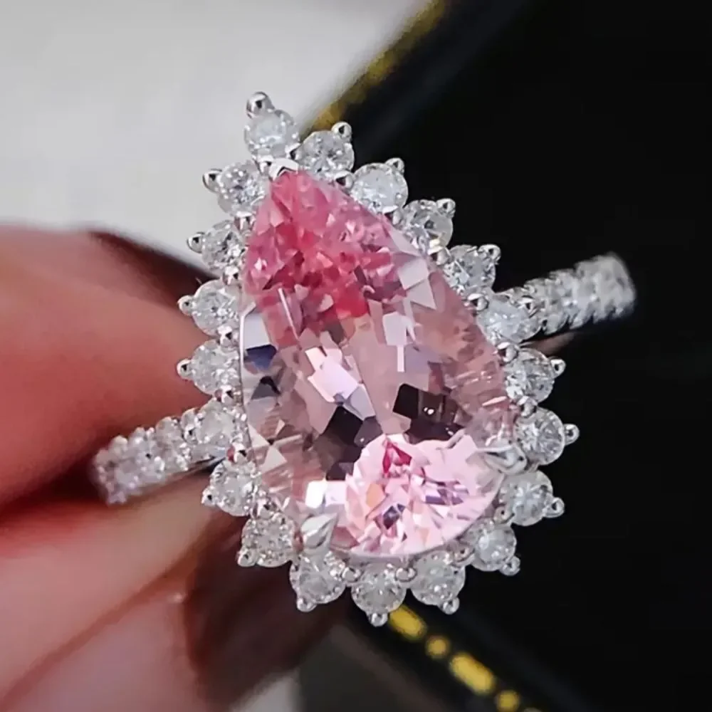 💍 Elegant Princess Engagement Rings For Bride Jewelry Romantic Pink Crystal